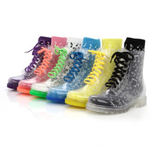 Hot White Rubber Clear Transparent Ankle Hightop Lace Up Flat Rainboots B-817